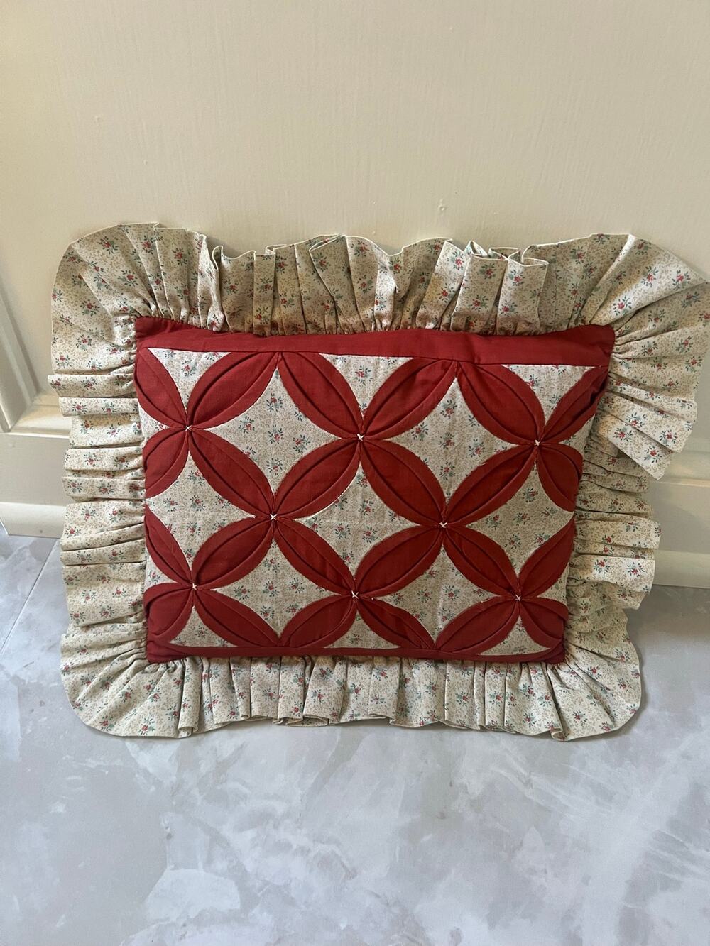 Vintage Handmade Cathedral Window Quilted Pillow Red Floral Ruffle Cottage